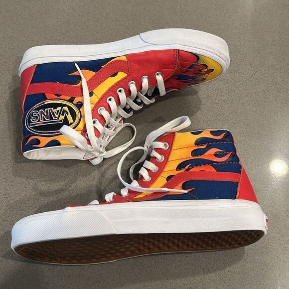Vans Sk8-Hi Racer Leather and Canvas Sneaker in Awesome Red / True Blue - Picture 2 of 12